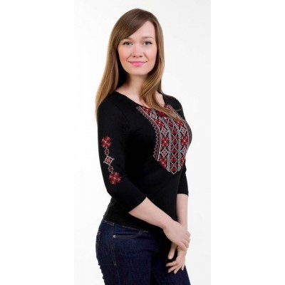 Embroidered t-shirt with 3/4 sleeves "Lace" red on black